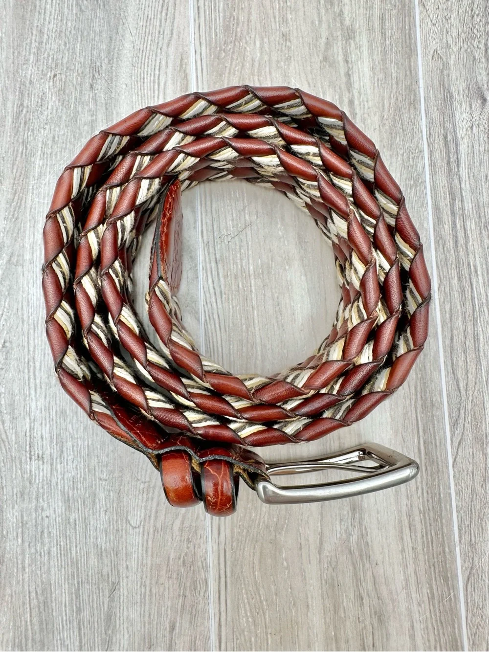 VTG Novia Brown Italian Leather Braided Belt Mixed w/ Natural Fiber Weave Sz 36
